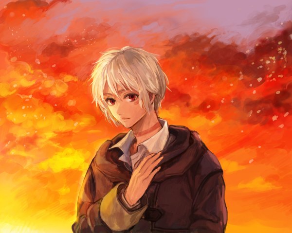 Anime picture 1200x958 with no.6 studio bones shion (no.6) 38ban single short hair red eyes sky white hair pink eyes facial mark evening sunset face paint boy coat