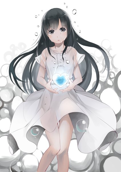 Anime picture 1059x1500 with original hitotose hirune single long hair tall image looking at viewer open mouth black hair white background black eyes tears girl heart bubble (bubbles)