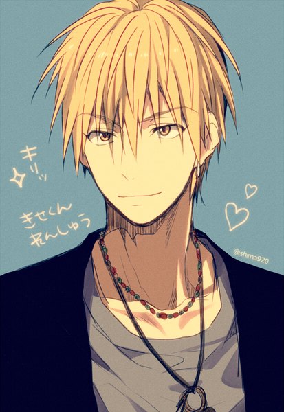 Anime picture 600x870 with kuroko no basket production i.g kise ryouta mashima shima single tall image fringe short hair simple background blonde hair smile hair between eyes signed yellow eyes looking away piercing text portrait ear piercing blue background