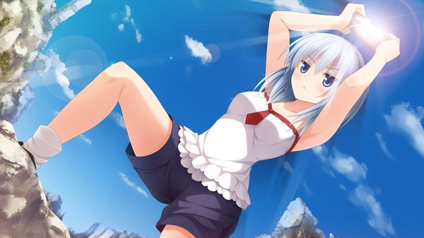 Anime picture 1920x1080 with imouto no katachi meta highres short hair blue eyes wide image game cg cloud (clouds) white hair girl shorts sun