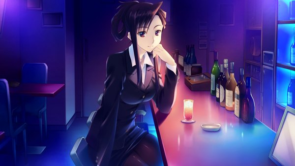 Anime picture 1280x720 with white album 2 single long hair looking at viewer black hair smile red eyes wide image sitting game cg chin rest girl suit