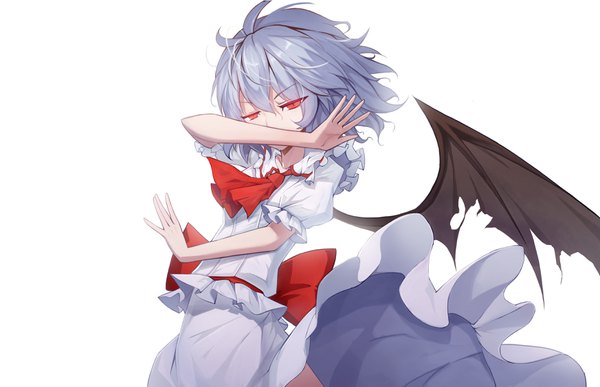 Anime picture 3492x2255 with touhou remilia scarlet leidami single fringe highres short hair simple background hair between eyes red eyes white background looking away absurdres silver hair covered mouth bat wings single wing girl wings frills