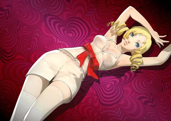 Anime picture 7016x4961 with catherine (game) catherine highres blue eyes blonde hair absurdres lying arms up zettai ryouiki drill hair girl thighhighs skirt bow miniskirt white thighhighs
