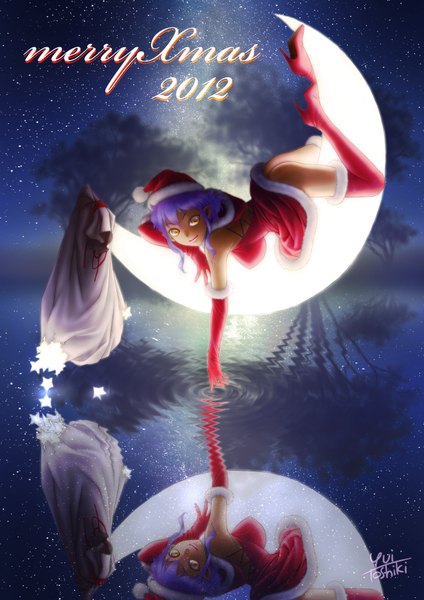 Anime picture 1273x1800 with original toshiki yui single long hair tall image light erotic yellow eyes blue hair reflection christmas crescent merry christmas 2012 girl gloves hat elbow gloves boots star (symbol) moon