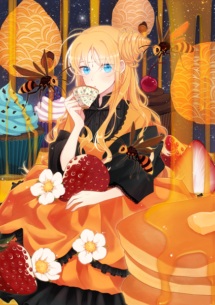 Anime picture 1000x1414 with original cotton (pixiv16437650) single long hair tall image looking at viewer fringe blue eyes blonde hair sitting holding night hair bun (hair buns) night sky facial mark wavy hair space girl dress flower (flowers)