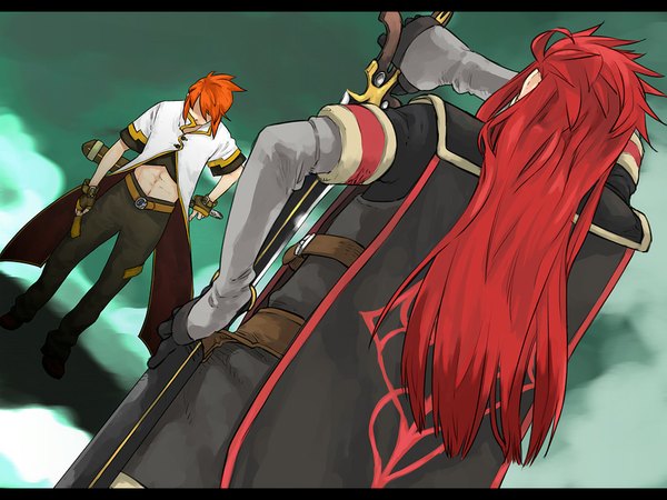 Anime picture 1024x768 with tales of (series) tales of the abyss luke fon fabre asch nirok red hair multiple boys boy gloves sword 2 boys