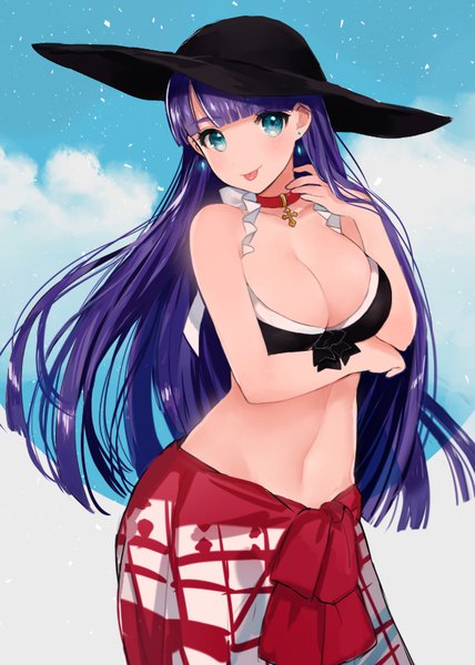 Anime picture 600x841 with fate (series) fate/grand order martha (fate) martha (swimsuit ruler) (fate) unagi miyako single long hair tall image looking at viewer blush fringe breasts light erotic large breasts standing sky cleavage purple hair cloud (clouds) blunt bangs