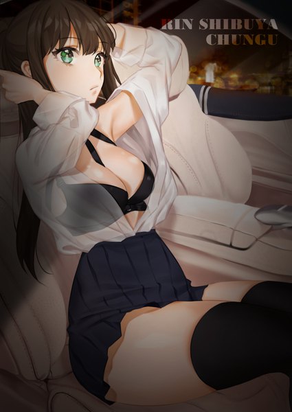 Anime picture 700x988 with idolmaster idolmaster cinderella girls shibuya rin chungu single long hair tall image fringe breasts light erotic black hair sitting green eyes pleated skirt open clothes shadow character names arms behind head girl thighhighs