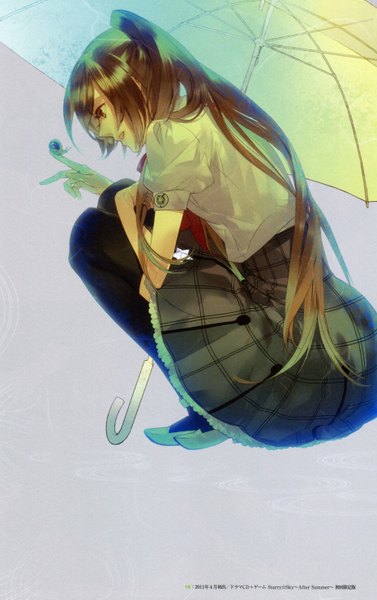 Anime picture 3720x5915 with starry sky tsukiko yahisa kazuaki single long hair tall image highres open mouth simple background brown hair sitting brown eyes looking away absurdres squat girl uniform school uniform animal umbrella