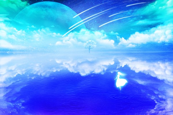 Anime picture 3000x2000 with original tagme (artist) single long hair highres cloud (clouds) white hair reflection landscape scenic ghost meteor rain girl dress plant (plants) tree (trees) water white dress planet