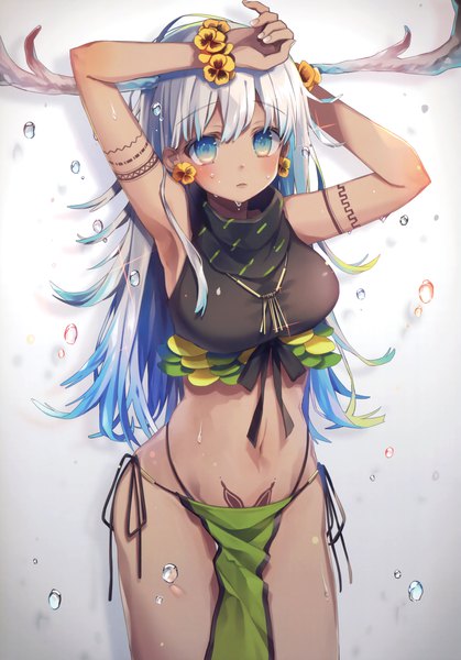 Anime picture 2381x3407 with original oshio (dayo) single long hair tall image looking at viewer blush highres breasts blue eyes light erotic silver hair multicolored hair horn (horns) scan midriff tattoo dark skin girl navel