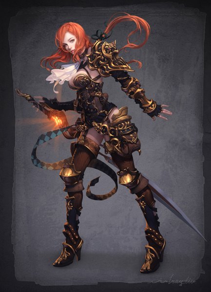 Anime picture 1000x1384 with original lange single long hair tall image brown eyes red hair grey background girl weapon sword boots armor fingerless gloves