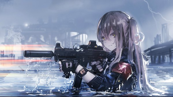 Anime picture 1500x841 with girls frontline ump45 (girls frontline) renatus z single long hair fringe blonde hair hair between eyes wide image holding yellow eyes payot looking away upper body wet one side up partially submerged city dark background smoke
