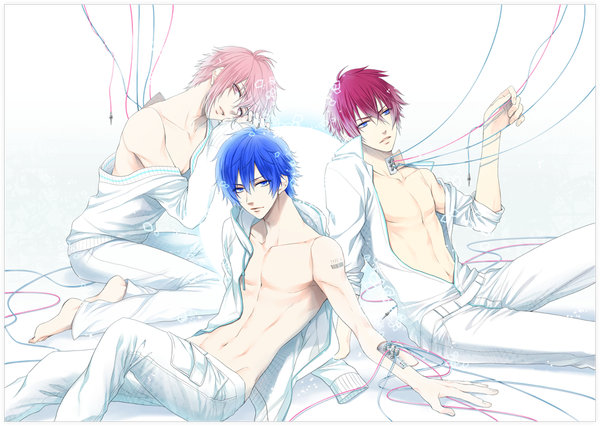 Anime picture 1165x829 with humandroid type s type m type h kirishima sou looking at viewer short hair blue eyes simple background white background sitting blue hair looking away pink hair pink eyes barefoot open clothes official art multiple boys midriff