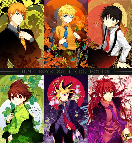 Anime picture 1239x1340 with naruto bleach one piece yu-gi-oh! rurouni kenshin eyeshield 21 studio pierrot toei animation naruto (series) uzumaki naruto kurosaki ichigo monkey d. luffy himura kenshin kobayakawa sena yami yuugi kaze-hime long hair tall image short hair blue eyes