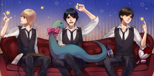 Anime picture 1700x839 with prince of tennis tagme (character) katou kazuki otsuki (artist) short hair open mouth black hair blonde hair brown hair wide image sitting profile group boy animal necktie star (symbol) vest couch suit