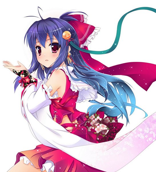 Anime picture 1000x1099 with touhou hakurei reimu sumomo (tyc78503012) single long hair tall image blush simple background white background purple eyes bare shoulders purple hair girl skirt bow hair bow detached sleeves bell skirt set