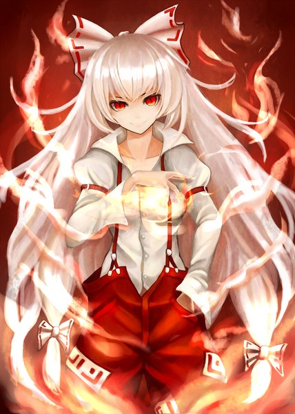 Anime picture 1200x1680 with touhou fujiwara no mokou sashimi (adam026) single tall image looking at viewer fringe breasts smile red eyes standing white hair red background hand in pocket girl hair ornament bow hair bow shirt pants
