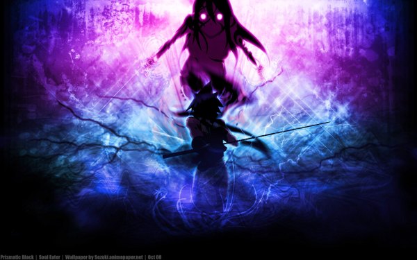 Anime picture 2560x1600 with soul eater studio bones black star nakatsukasa tsubaki long hair highres wide image purple eyes back fighting stance angry jpeg artifacts girl sword katana