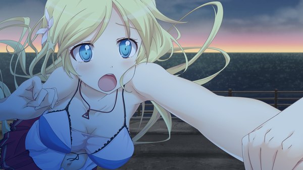 Anime picture 1024x576 with neko masshigura long hair breasts open mouth blue eyes blonde hair wide image game cg evening sunset girl navel pendant