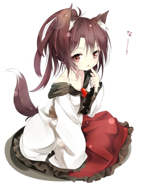 Anime picture 1150x1500 with touhou imaizumi kagerou gorilla (bun0615) single long hair tall image fringe simple background hair between eyes brown hair white background sitting bare shoulders brown eyes animal ears ponytail tail long sleeves animal tail from above