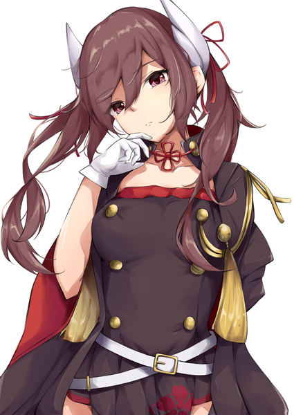 Anime picture 1062x1500 with azur lane haruna (azur lane) hoshimiya mashiro single long hair tall image looking at viewer fringe breasts simple background hair between eyes red eyes brown hair standing white background twintails upper body head tilt horn (horns) arm behind back