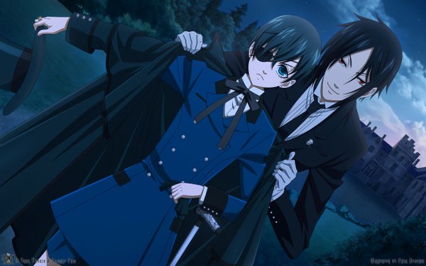 Anime picture 2560x1600 with kuroshitsuji a-1 pictures sebastian michaelis ciel phantomhive looking at viewer highres short hair blue eyes black hair red eyes wide image sky multiple boys angry butler aristocrat boy gloves hat necktie