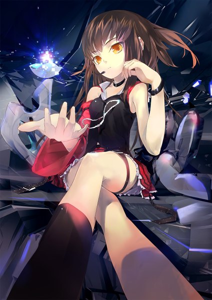 Anime picture 1060x1500 with el-zheng single long hair tall image brown hair sitting orange eyes magic girl detached sleeves miniskirt choker bracelet jewelry microphone