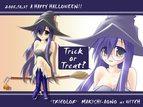 Anime picture 1024x768 with long hair breasts light erotic green eyes cleavage purple hair very long hair halloween witch trick or treat hat glasses boots witch hat knee boots broom aono makishi kuryuu tatsuki torikoro