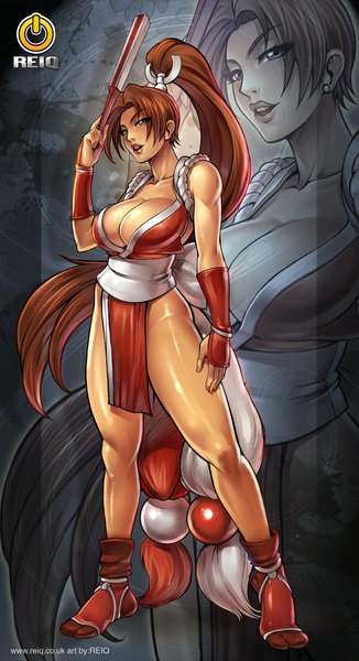 Anime picture 650x1193 with the king of fighters snk shiranui mai reiq (artist) single long hair tall image looking at viewer breasts light erotic brown hair large breasts brown eyes ponytail girl gloves earrings closed fan