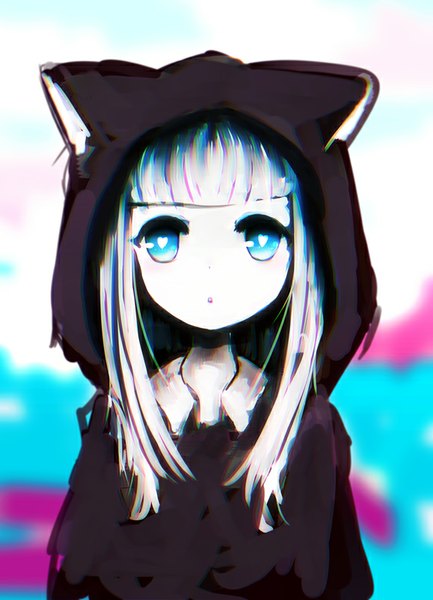 Anime picture 579x801 with original lizcat0001 single long hair tall image looking at viewer fringe blue eyes animal ears white hair cat ears white skin girl jacket heart hood hoodie