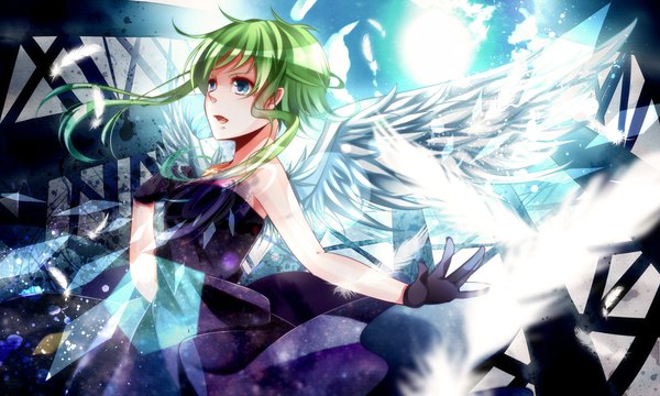 Anime picture 2000x1200 with vocaloid gumi nou single highres short hair blue eyes wide image green hair girl dress gloves wings feather (feathers)