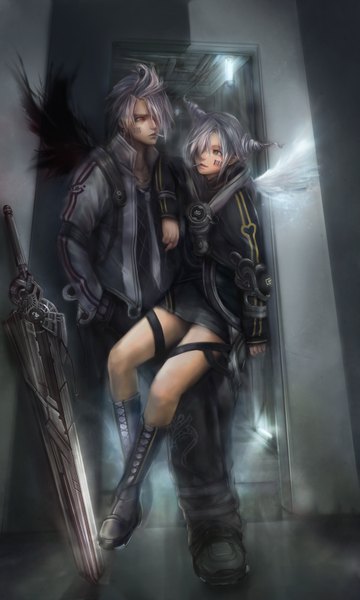 Anime picture 1080x1800 with original misshu long hair tall image fringe short hair red eyes green eyes purple hair hair over one eye realistic couple smoking girl boy weapon sword jacket boots headphones