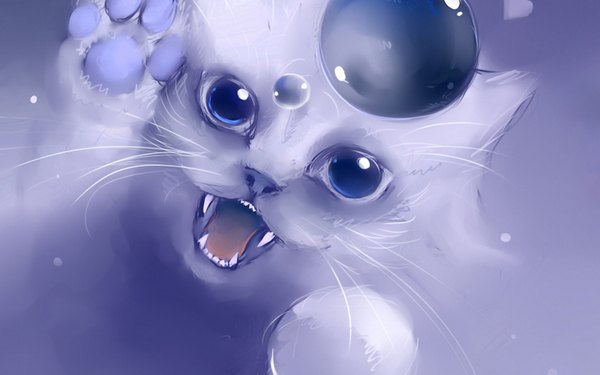 Anime picture 1680x1050 with original apofiss blue eyes simple background wide image jumping purple background animal cat bubble (bubbles)