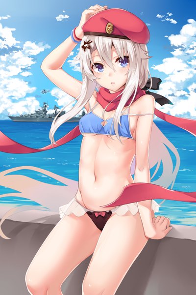 Anime picture 4724x7086 with girls frontline 9a-91 (girls frontline) ivan wang single long hair tall image looking at viewer fringe highres breasts blue eyes light erotic hair between eyes absurdres sky cleavage silver hair very long hair underboob military