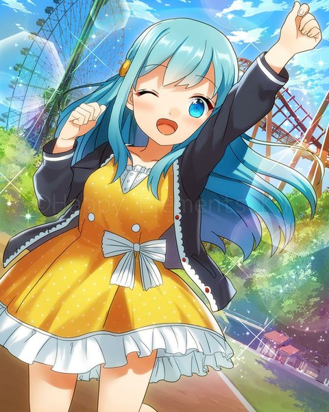 Anime picture 800x1000 with original ensemble girls (artist) long hair tall image blush open mouth blue eyes blue hair one eye closed wink girl dress plant (plants) tree (trees) ferris wheel