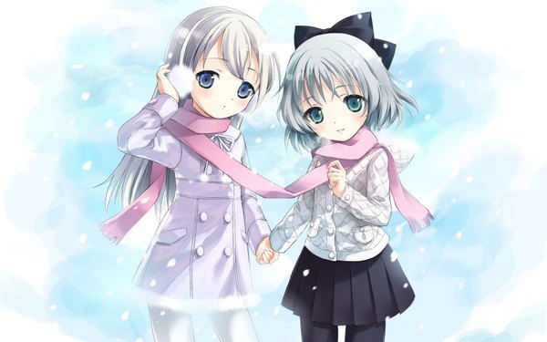 Anime picture 1920x1200 with strike witches sanya v. litvyak eila ilmatar juutilainen kimishima ao long hair blush highres short hair blue eyes wide image white background multiple girls green eyes silver hair holding hands snowing snow shared scarf girl 2 girls