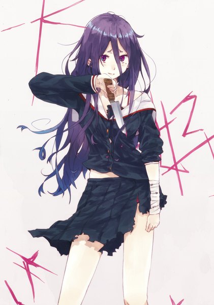 Anime picture 751x1070 with original hrd single long hair tall image looking at viewer blush simple background white background purple eyes purple hair torn clothes girl uniform serafuku bandage (bandages) knife