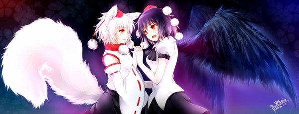 Anime picture 5551x2125 with touhou shameimaru aya inubashiri momiji heiyanlong highres short hair open mouth black hair red eyes wide image multiple girls animal ears absurdres white hair tail animal tail dark background girl skirt 2 girls