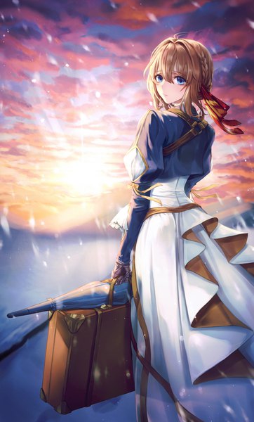 Anime picture 1208x2000 with violet evergarden kyoto animation violet evergarden (character) kone (zhsiddl010) single tall image looking at viewer fringe short hair blue eyes blonde hair hair between eyes holding payot sky cloud (clouds) ahoge outdoors braid (braids) long sleeves