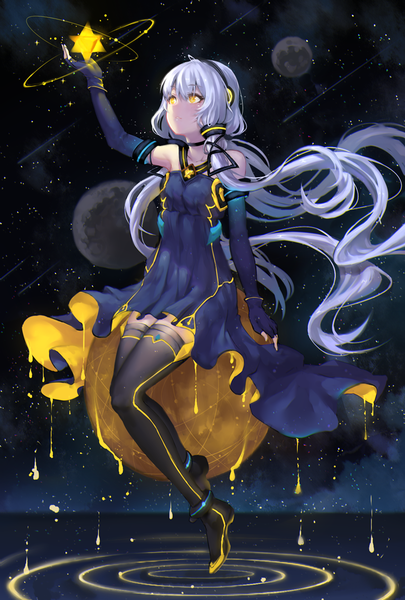 Anime picture 780x1154 with vocaloid xingchen teng zi single long hair tall image fringe hair between eyes yellow eyes looking away silver hair full body ahoge bent knee (knees) night zettai ryouiki night sky sleeveless floating hair outstretched arm