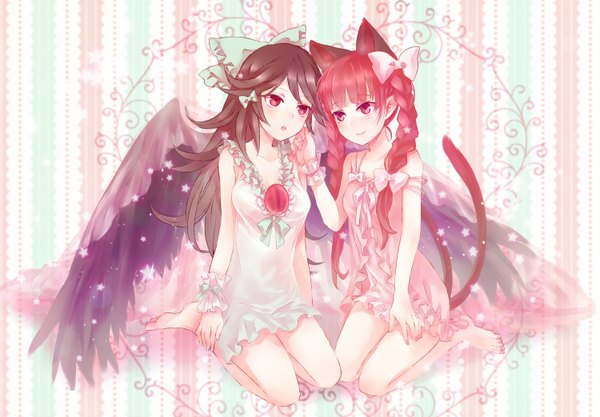 Anime picture 1500x1044 with touhou reiuji utsuho kaenbyou rin neme long hair black hair red eyes multiple girls animal ears red hair braid (braids) cat ears cat girl cat tail extra ears girl bow 2 girls hair bow wings