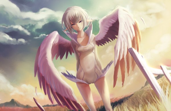 Anime picture 1200x781 with fuka (artist) single looking at viewer short hair red eyes silver hair cloud (clouds) pointy ears hands behind back mountain girl wings