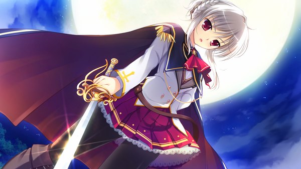 Anime picture 1024x576 with himegoto masquerade mikeou short hair red eyes wide image game cg white hair girl skirt uniform weapon school uniform miniskirt sword moon cape