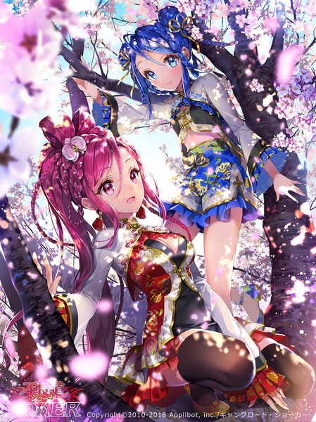 Anime picture 797x1065 with joker ~gang road~ wan yukiran wan yukiren cocoon (loveririn) long hair tall image looking at viewer blush open mouth blue eyes smile purple eyes multiple girls blue hair purple hair official art cherry blossoms girl thighhighs dress