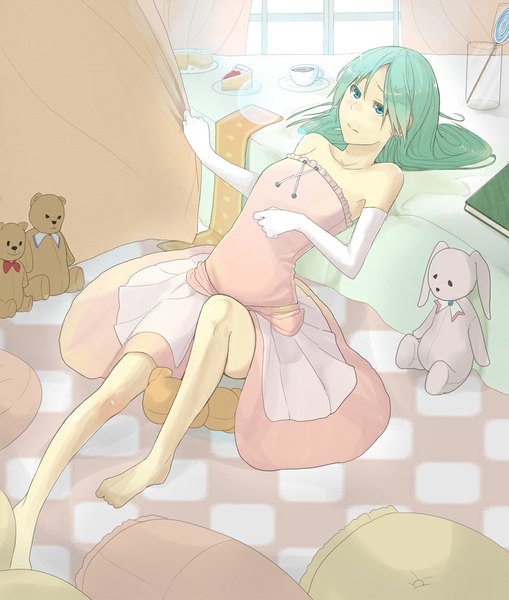 Anime picture 900x1059 with vocaloid hatsune miku rane (etsu) single long hair tall image looking at viewer blue eyes bare shoulders lying barefoot green hair checkered floor girl dress toy stuffed animal teddy bear pink dress