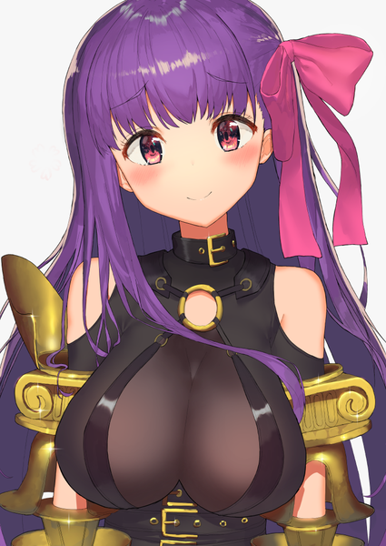 Anime picture 752x1062 with fate (series) fate/extra fate/extra ccc passionlip akamizuki (akmzk) single long hair tall image looking at viewer blush breasts light erotic simple background smile large breasts white background bare shoulders purple hair upper body head tilt