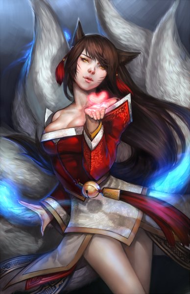 Anime picture 970x1500 with league of legends ahri (league of legends) noa ikeda single long hair tall image simple background brown hair bare shoulders animal ears yellow eyes tail animal tail realistic fox ears magic facial mark fox tail multiple tails whisker markings