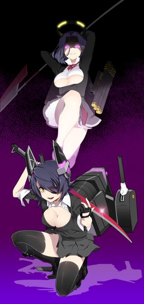 Anime picture 700x1478 with kantai collection tenryuu light cruiser tatsuta light cruiser samurai10932 tall image short hair breasts open mouth light erotic black hair simple background smile large breasts purple eyes multiple girls yellow eyes cleavage shadow glowing glowing eye (eyes)