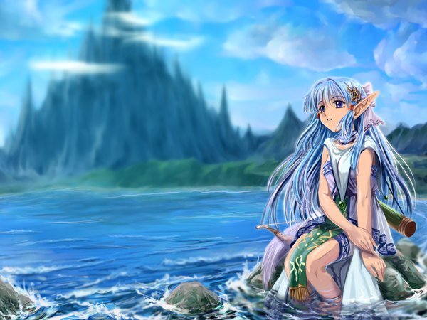 Anime picture 1600x1200 with ys olha (ys) mutsuki (moonknives) single long hair fringe blue eyes sitting payot blue hair looking away sky cloud (clouds) tail animal tail pointy ears blurry wallpaper sleeveless mountain